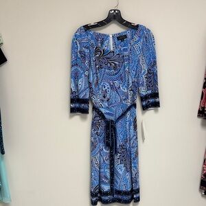 Tahari Blue Paisley Midi Dress with Belt